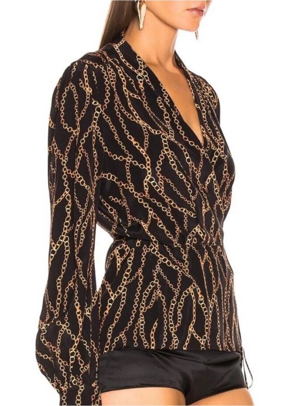 L’Agence Cara 100% Silk Chain Print Wrap Blouse Black Gold Medium — $398 Retail